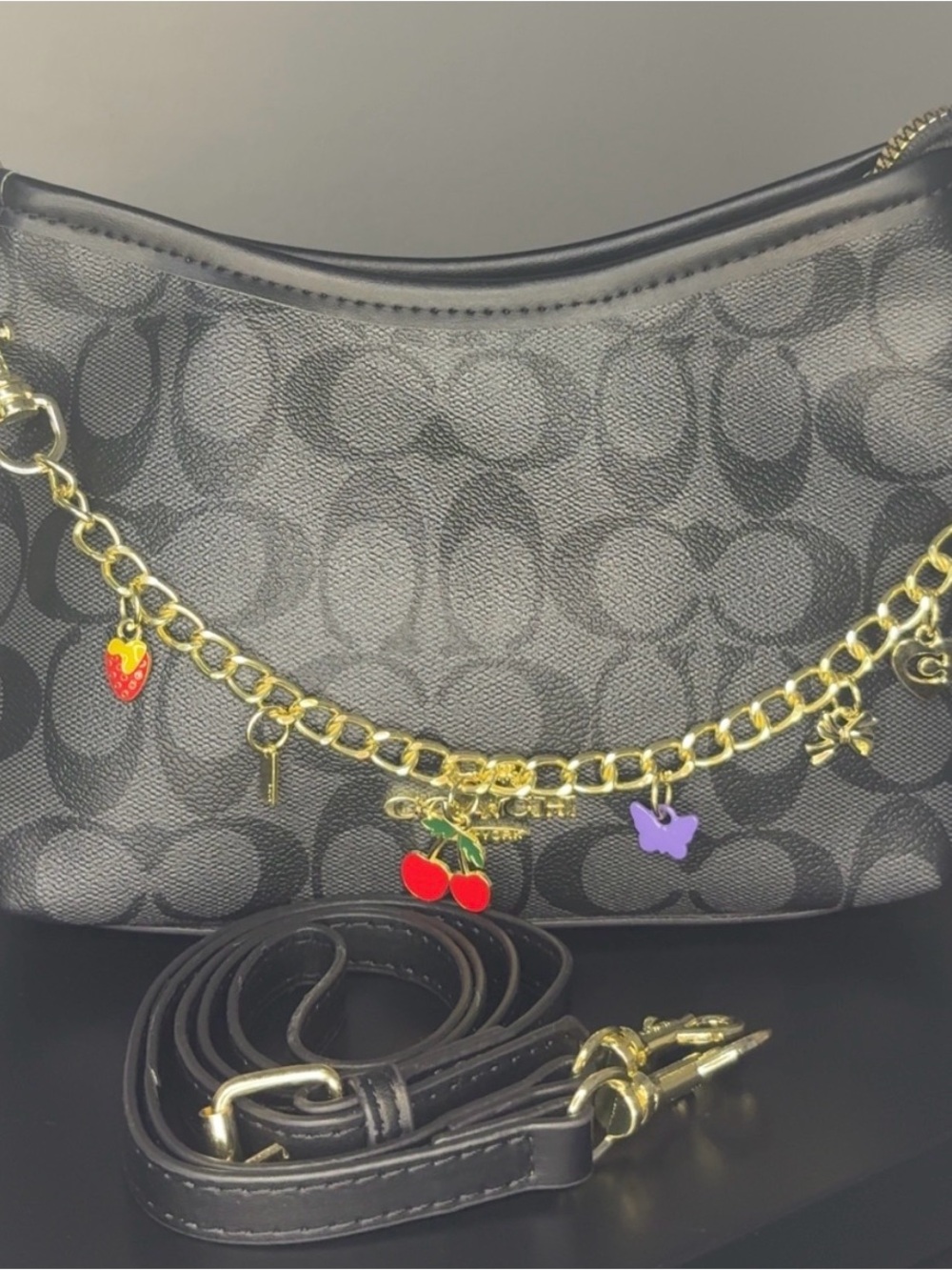Coach Black Signature Canvas Crossbody with Gold Charm Chain